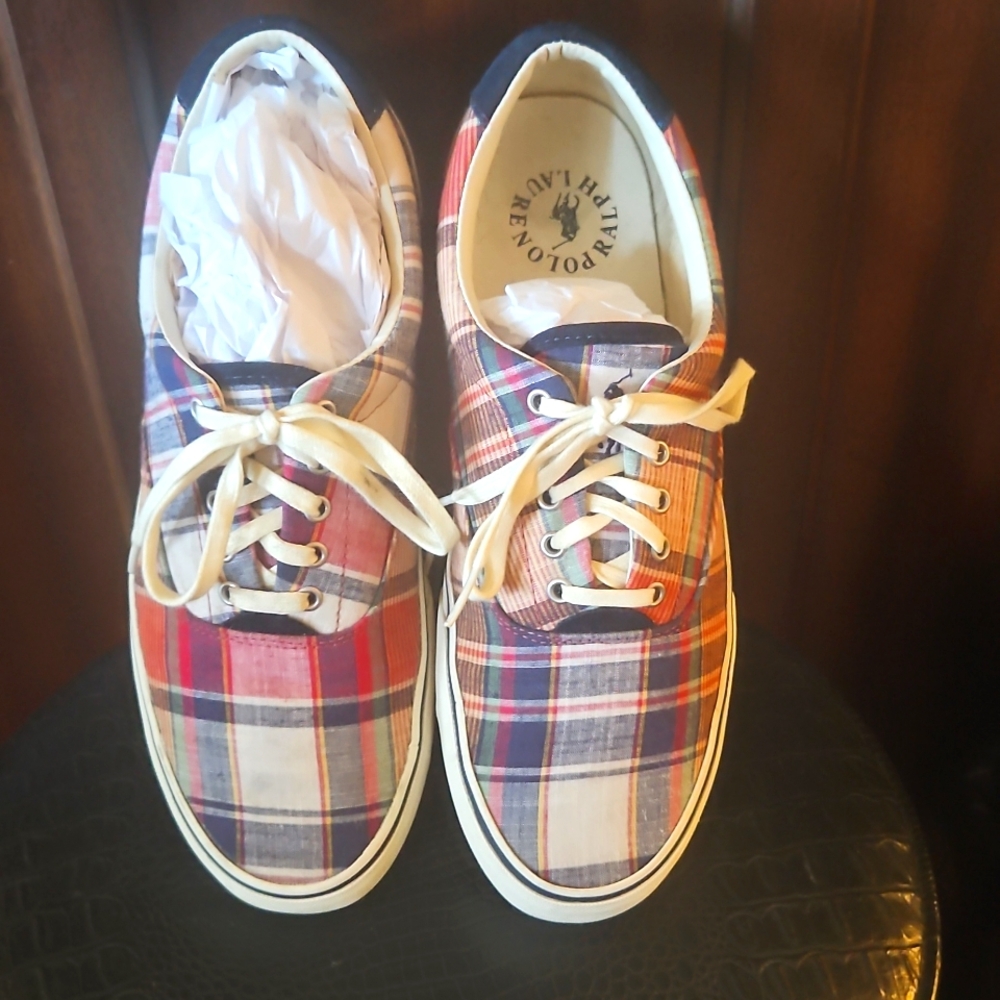 Ralph Lauren Polo Thorton III Madras Plaid Canvas Lace Up Shoes EUC, Classic